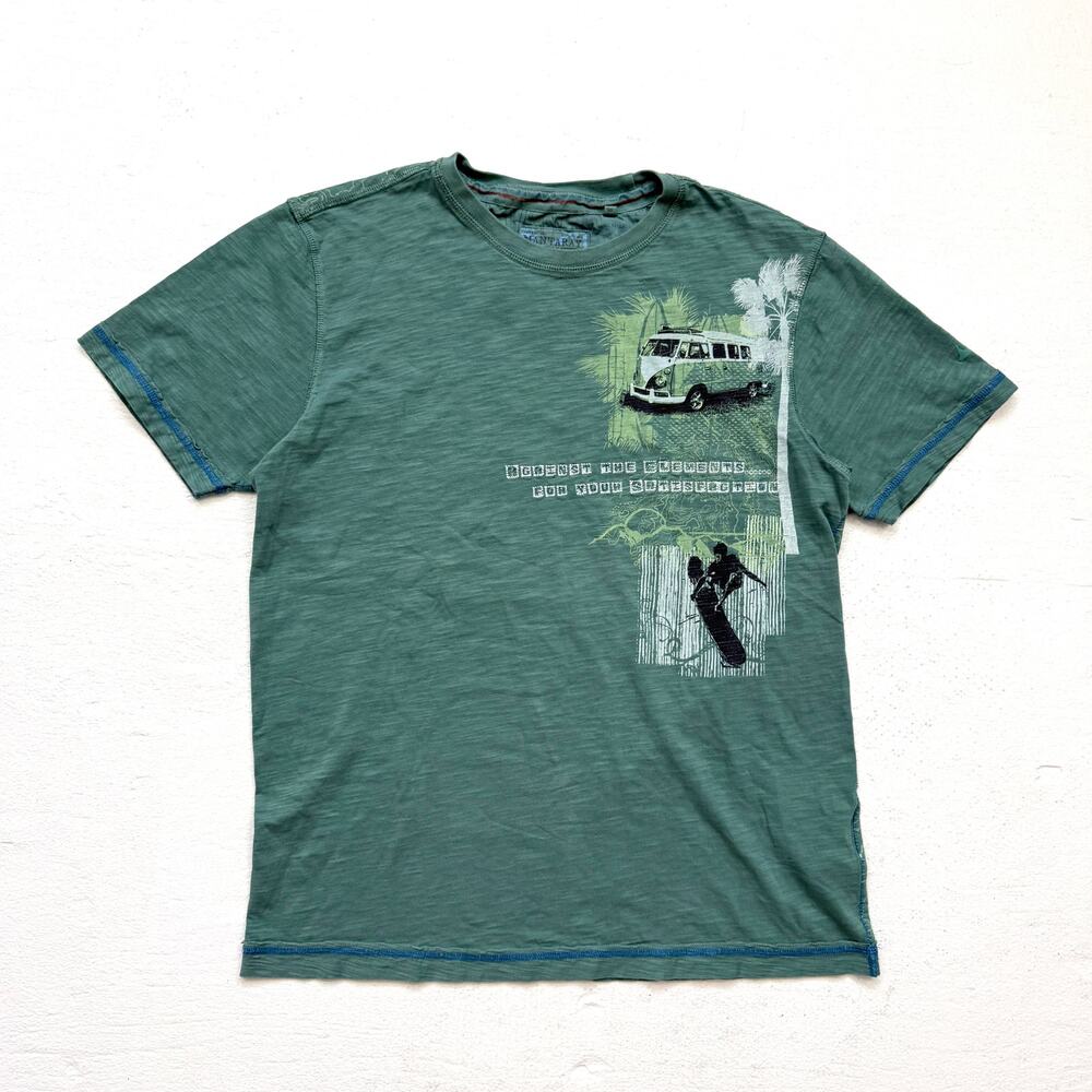 Mantaray Mens Green Graphic T-Shirt Small VW Van Surf Scene Embroidered Tee
